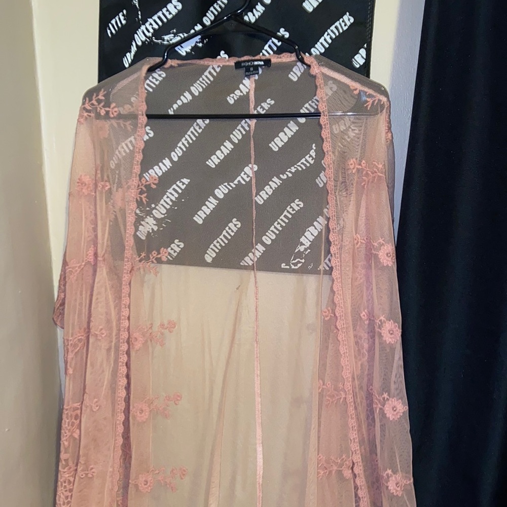 FashionNova Sheer Pink Knee-Length Cardigan